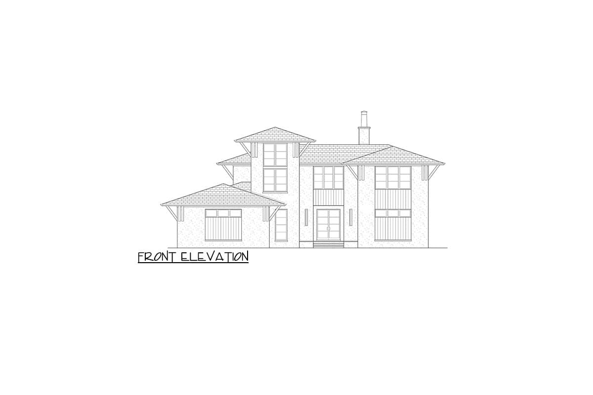 Front elevation drawing of a two-story house with multiple gabled roofs, a central dormer, and a prominent chimney.