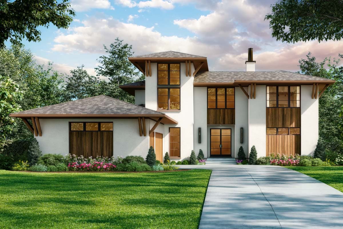 House plan exterior. Two-story modern style home with shed roof, wood accents, and large windows. Includes covered porch and front entry.