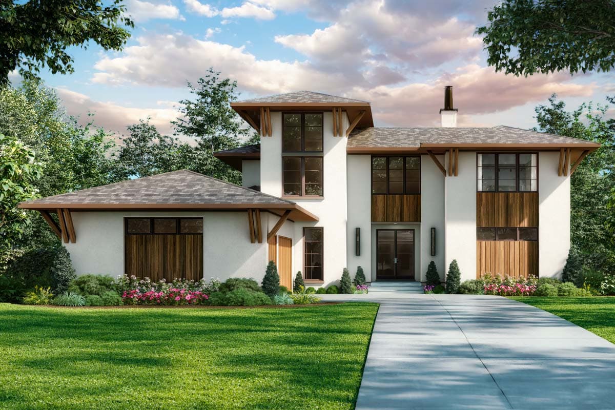 Modern house plan exterior with stucco finish, large windows, cantilevered rooflines, and wood accents.