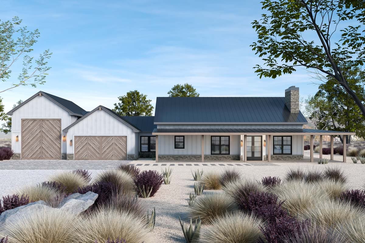 House plan exterior. Modern farmhouse with gabled roof, covered porch, stone chimney, and attached garage with wood-look doors.