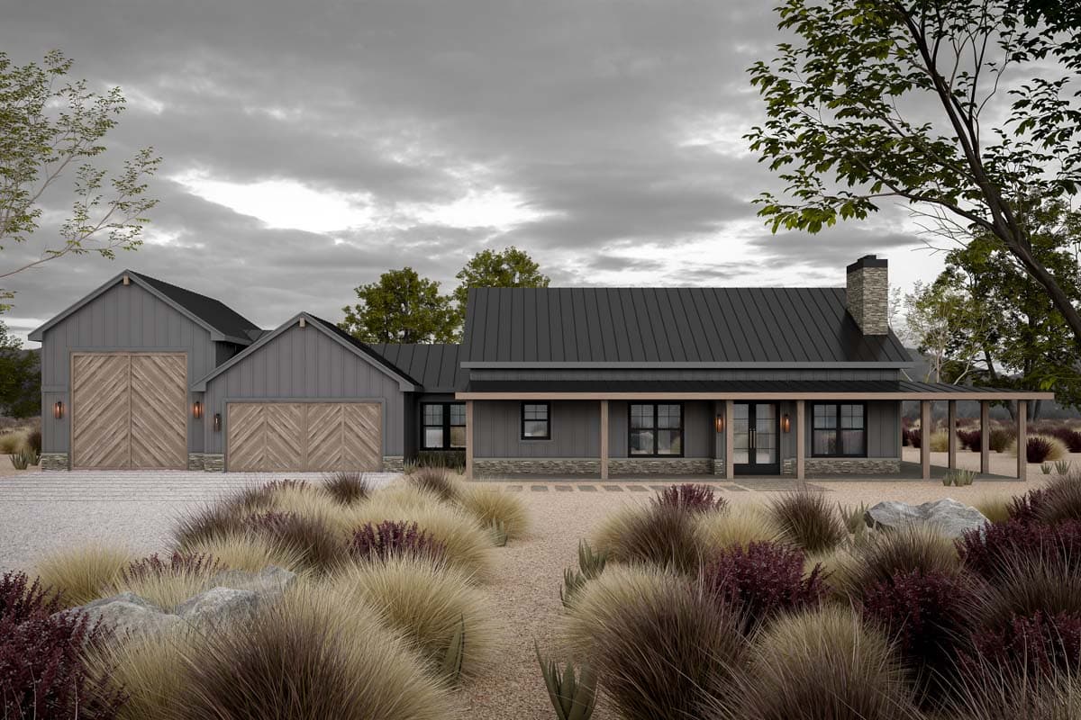 Modern Farmhouse house plan exterior, one story, with attached garages, wide covered porch, and stone chimney.