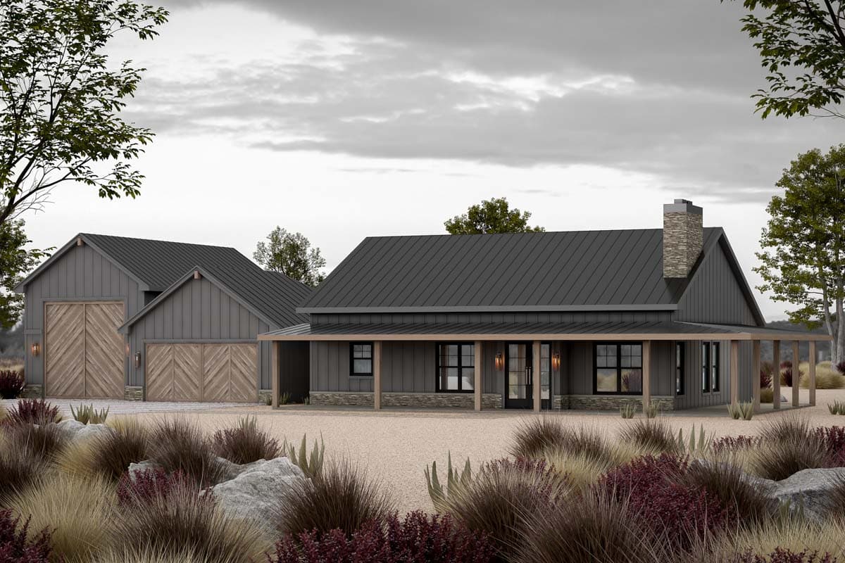 Modern Farmhouse house plan exterior with gabled roof, stone chimney, wide porch, and detached garage with wood doors.