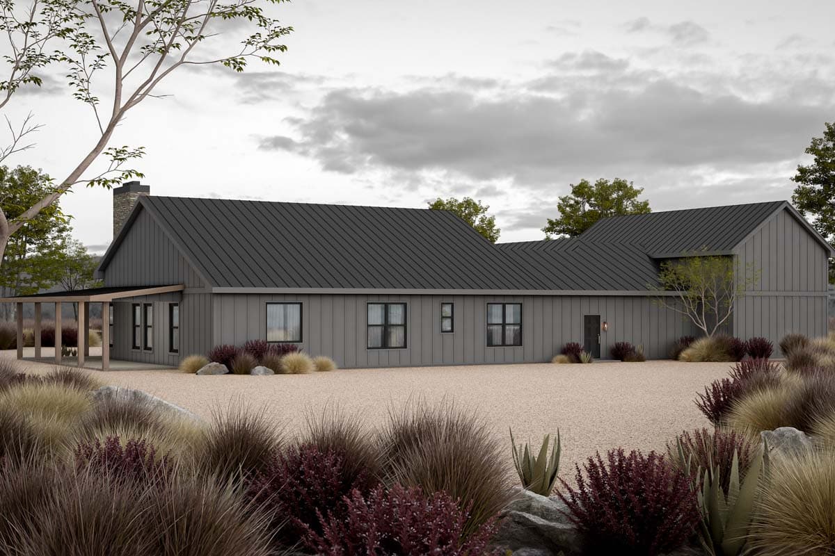 House plan exterior, one-story modern home with metal roof, covered porch, and stone chimney.