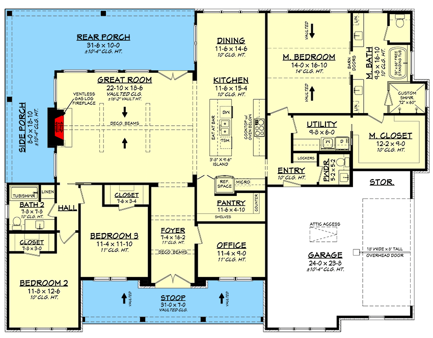 Plan 51957HZ: 3-Bed Transitional Modern Farmhouse Plan with Home Office and Vaulted Master Suite - Floor Plan - Main Level - Country, Modern Farmhouse, New American, Traditional, Transitional