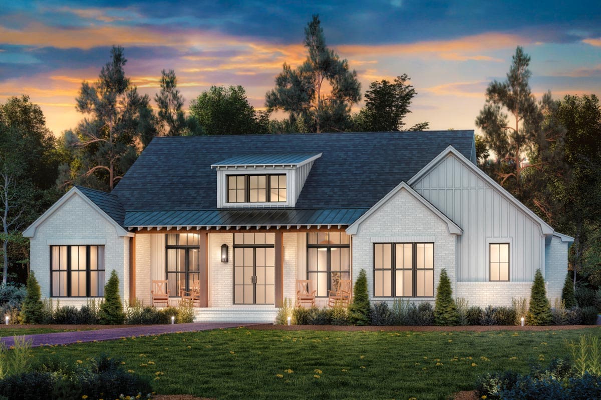 House plan exterior rendering. Modern Farmhouse style with a gabled roof, dormer, and covered porch with exposed beams and rocking chairs.