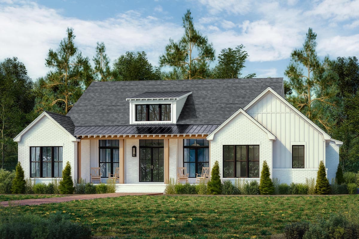 Modern Farmhouse house plan exterior with white brick, board and batten siding, and a dormer.