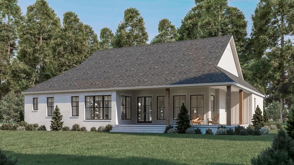House plan exterior: Modern Farmhouse style, one story, with a covered porch, gables, and large windows.