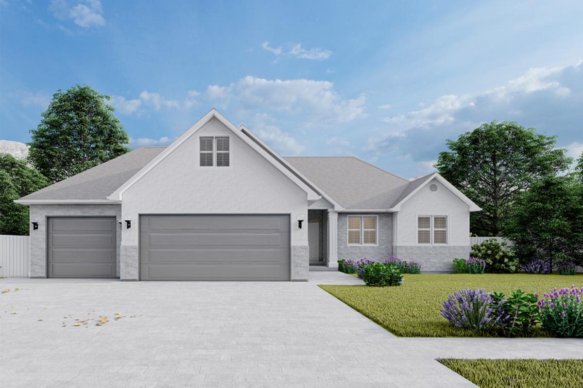 House plan exterior. One-story house with a two-car garage. Features include gabled roof, dormers, and light-colored stucco facade.