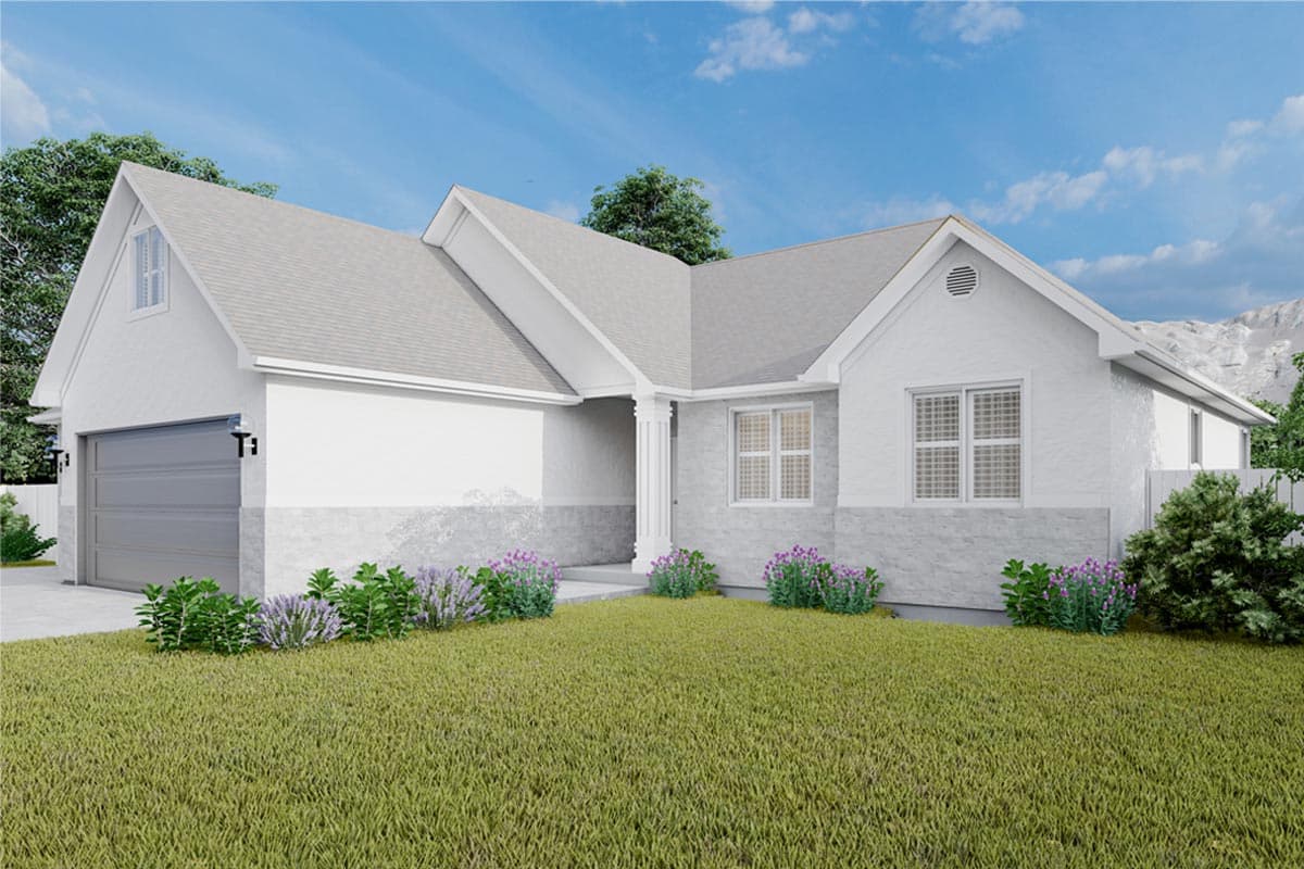 House plan exterior: One-story Modern Farmhouse with gable rooflines, prominent dormer, and attached two-car garage.