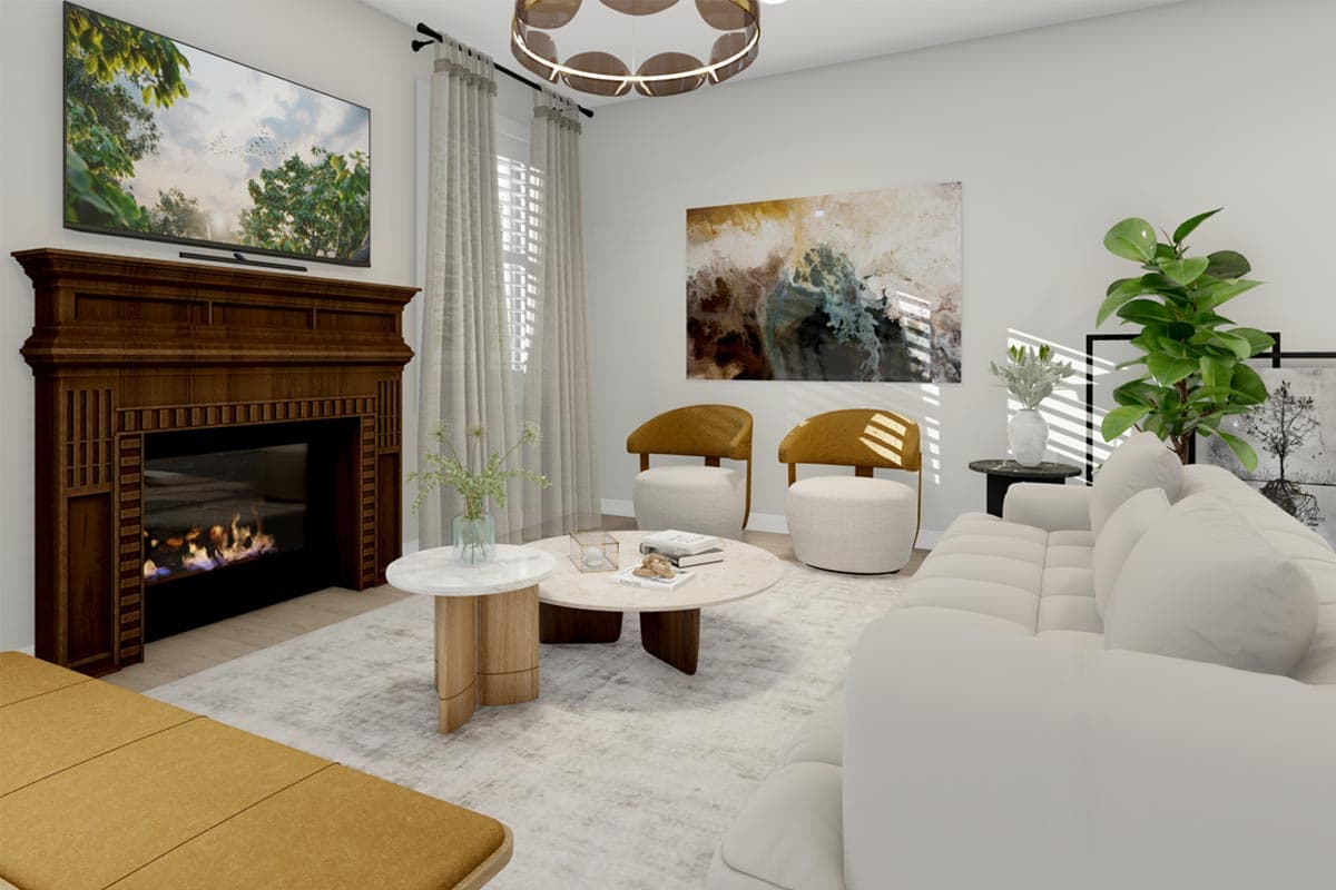 Living room rendering with a dark wood fireplace, modern sofa, and abstract wall art.