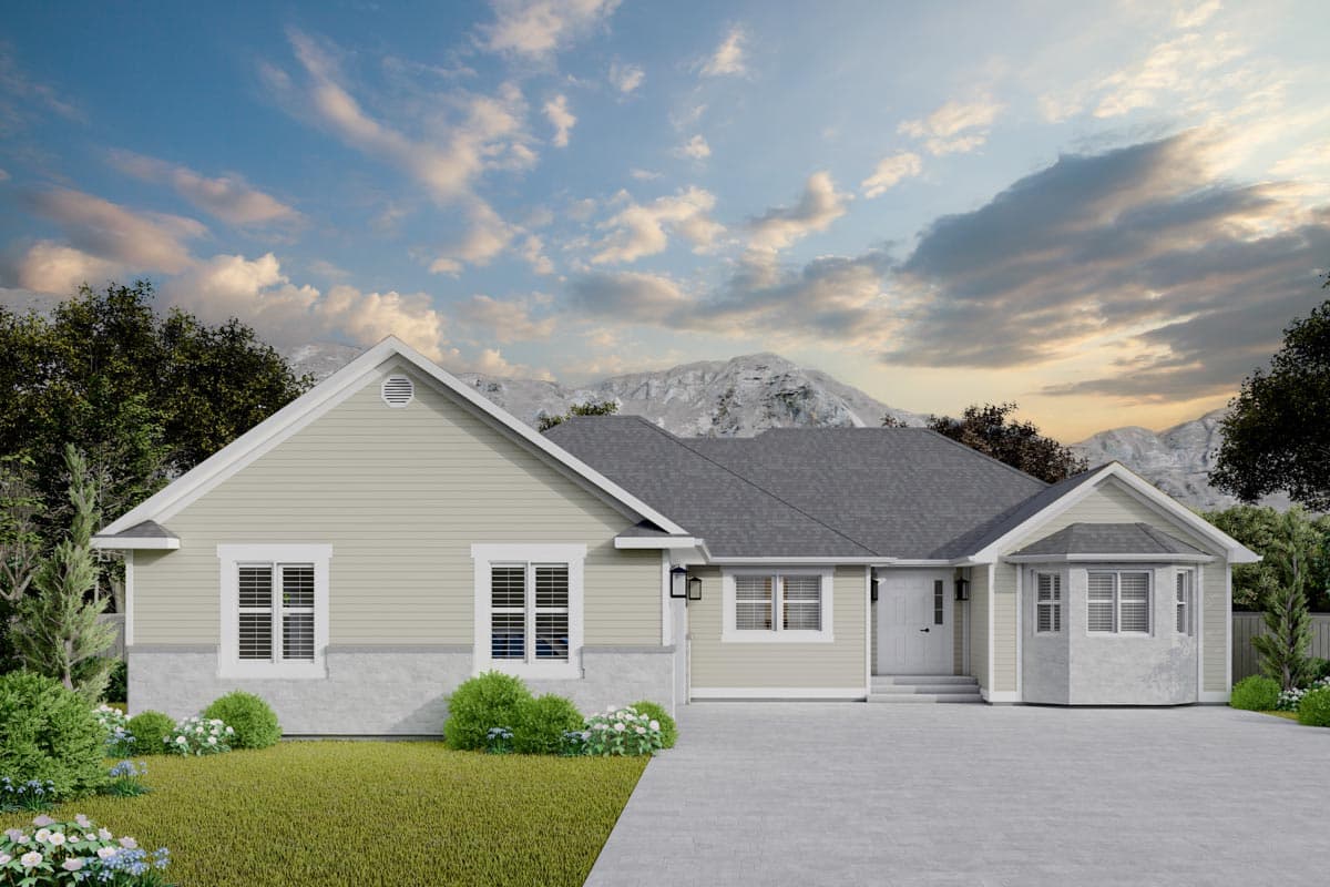 House plan exterior. Ranch style with a single story. Features include a gabled roofline, bay window, and a front entry porch.