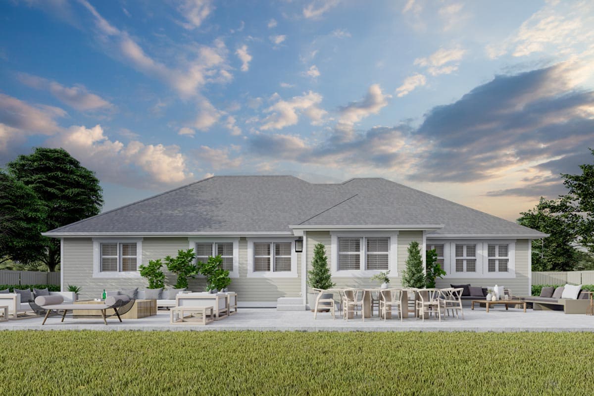House plan exterior, one story, with hip roof, horizontal siding, and multiple patio seating areas.