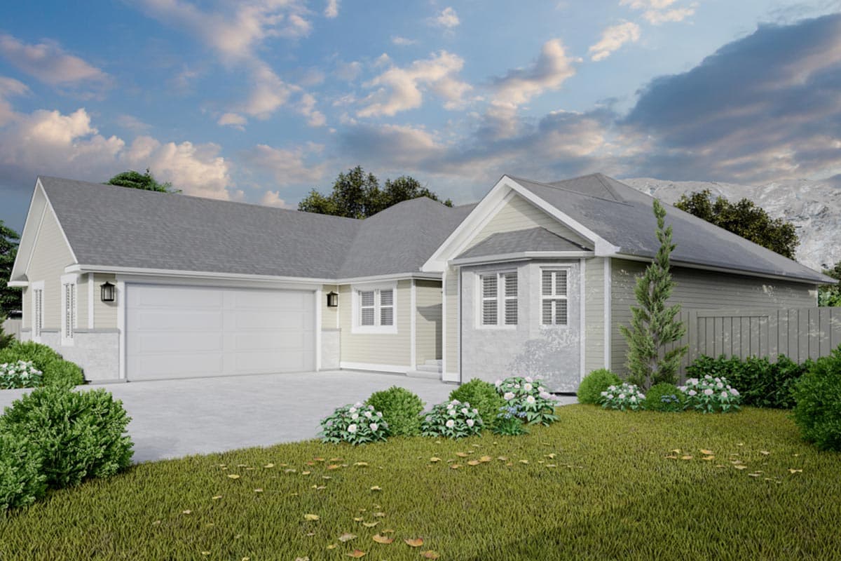 House plan exterior: Contemporary ranch with attached garage, gable dormer, and bay window.