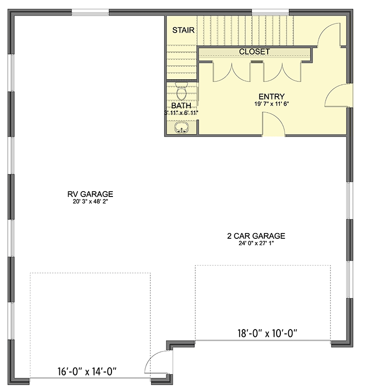 Plan 61488UT: 1750 Square Foot RV-Friendly Detached Garage with Bonus Space and Bath Above - Floor Plan - Main Level