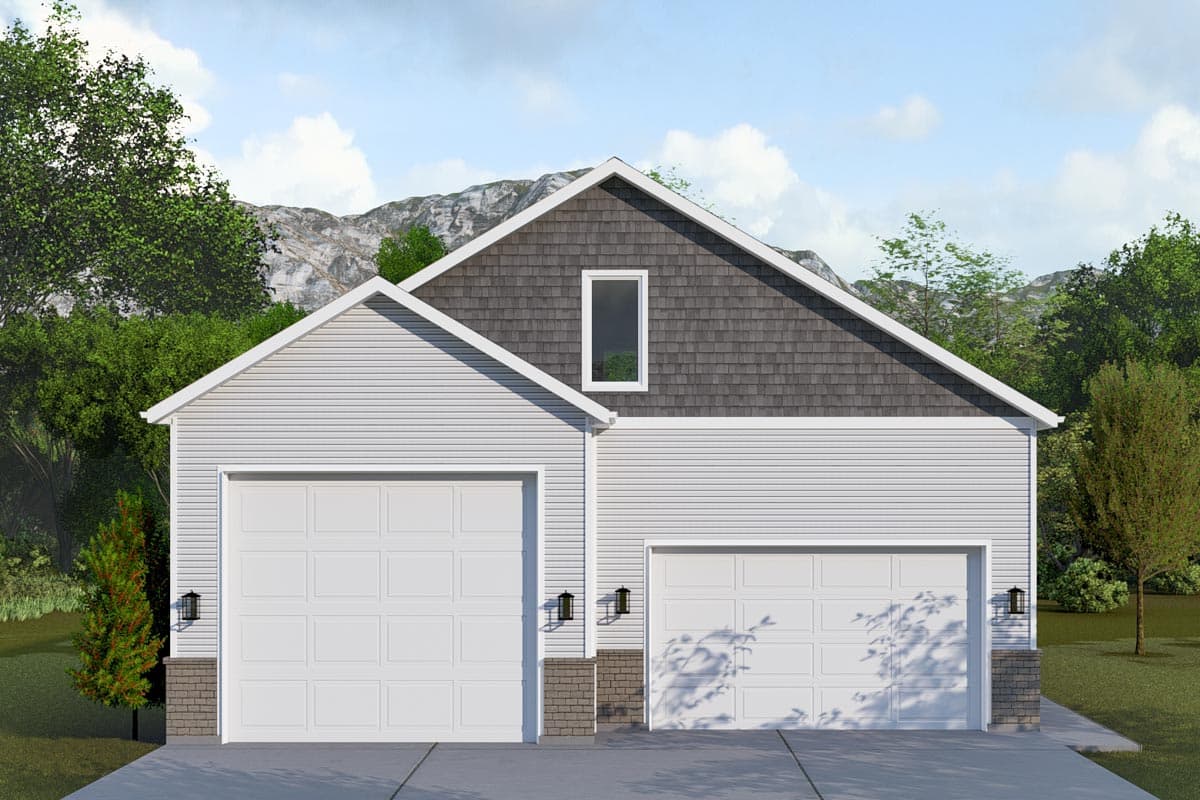 House plan exterior: Gable roof with shingle siding, two garage doors, and a dormer window.