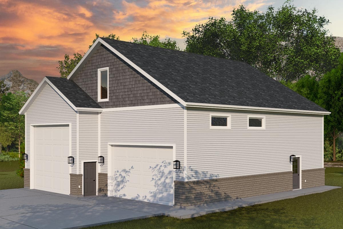 House plan exterior with two-car garage. Features include a gable roof, shake siding, and a small, rectangular upper-story window.
