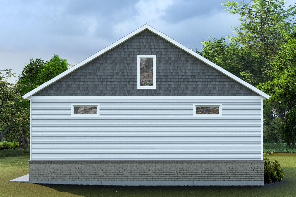 House plan exterior with a gable roof, horizontal siding, shingled gable, and two narrow windows.