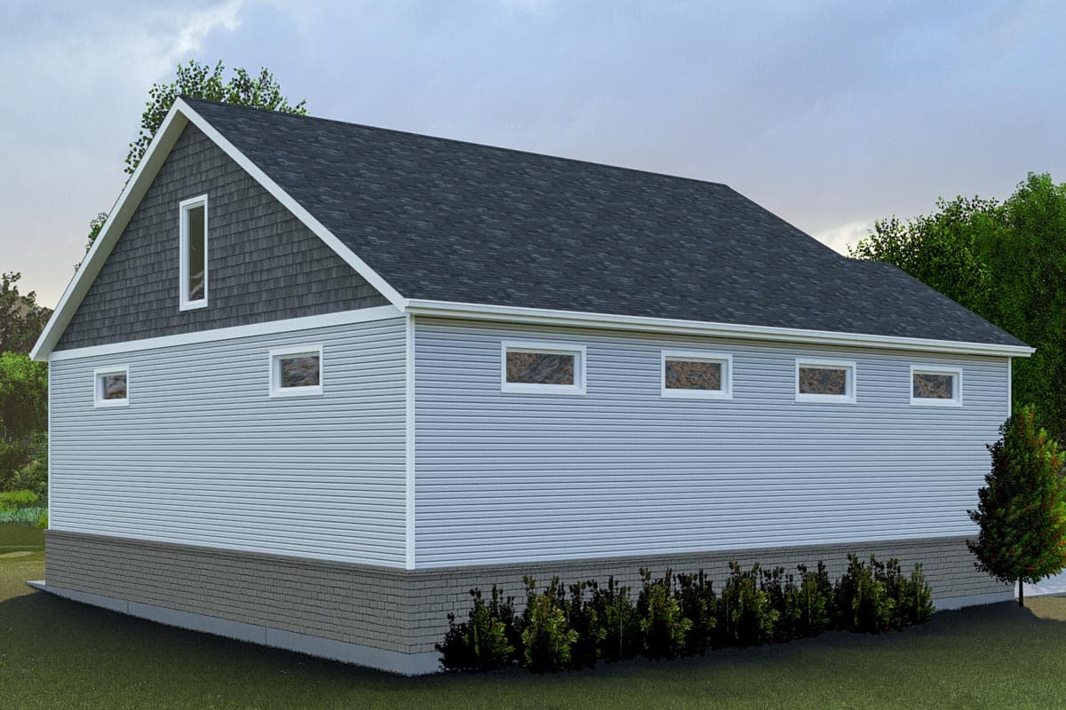 House plan exterior: Two-story, gable roof, white trim, horizontal siding, stacked stone foundation, and one dormer with a vertical window.