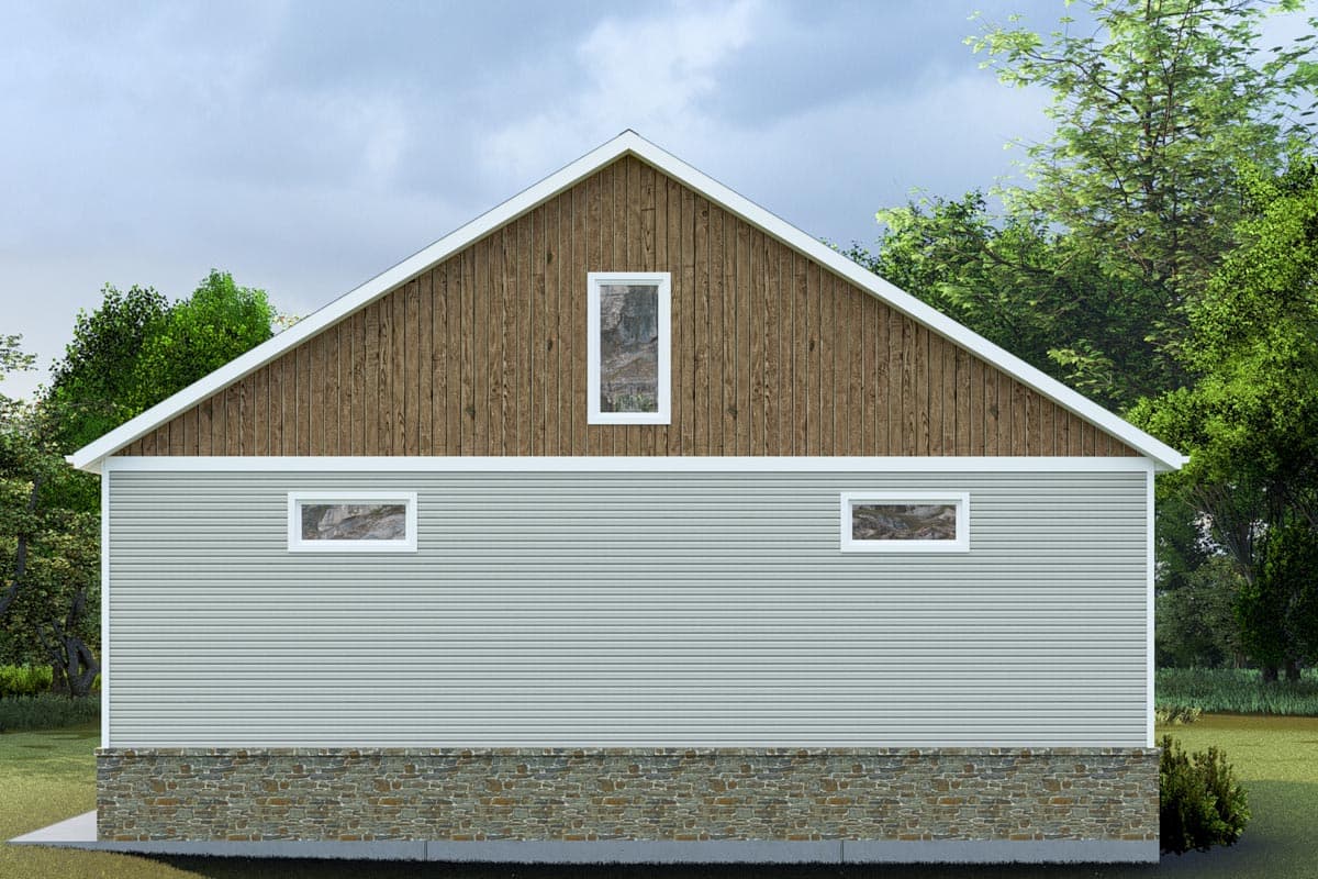 House plan exterior. Gable roof with wood siding and two horizontal windows below a vertical window.