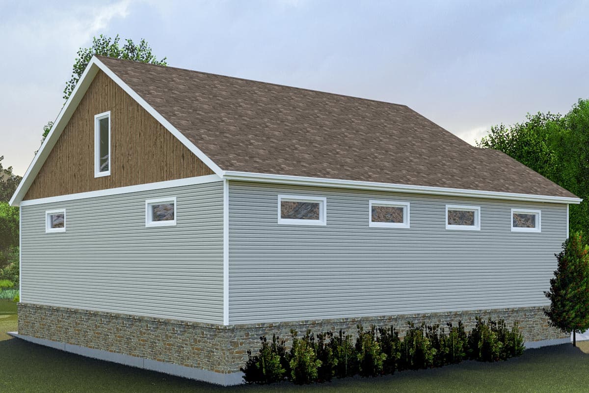 House plan exterior: Gable end with wood siding accent, horizontal siding, stone base, and row of rectangular windows.
