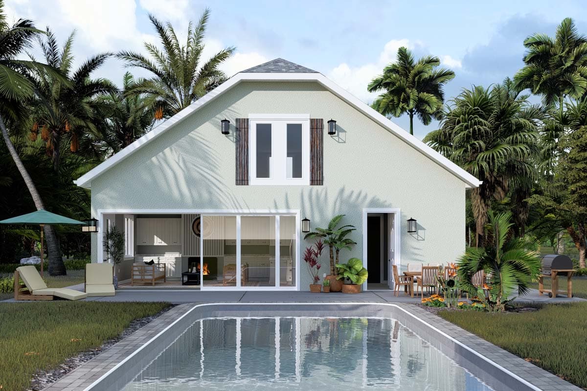 House plan exterior: two-story residence with a prominent gable, large sliding doors opening to a kitchen, and a front-facing garage.