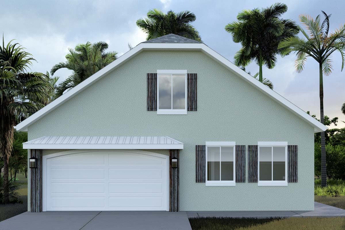 House plan exterior: Front view of a one-story home with a two-car garage, metal roof gable, and three windows with shutters.