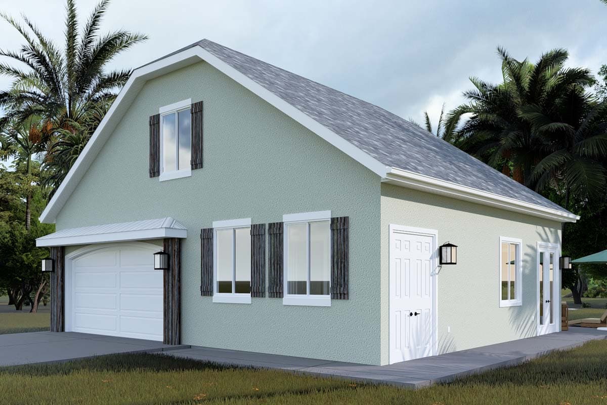 House plan exterior: Two-story building with front-facing garage, gable roof, stucco finish, and decorative shutters.