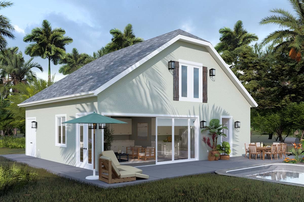House plan exterior with gabled roof, stucco finish, shutters, and sliding glass doors opening to a patio and pool.