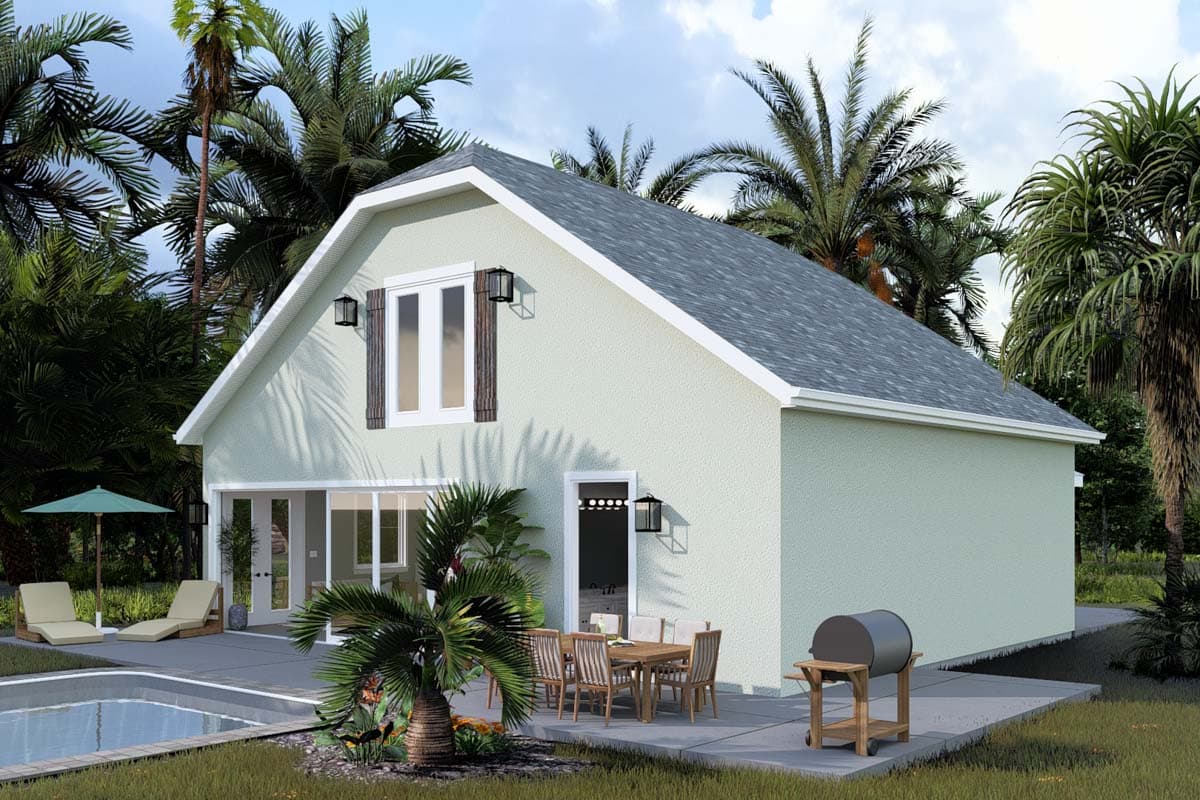 House plan exterior with gambrel roof, stucco siding, white trim, and dormer window with shutters.