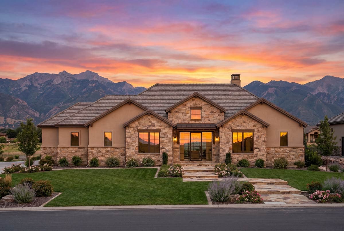 House plan exterior of a one-story home with stone and stucco facade, prominent gables, and a central covered entryway.