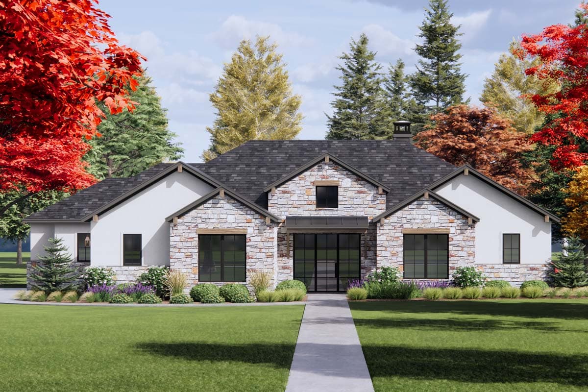 House plan exterior with stone and stucco facade, gabled roof, and multiple window arrangements. Features a covered entry and chimney.