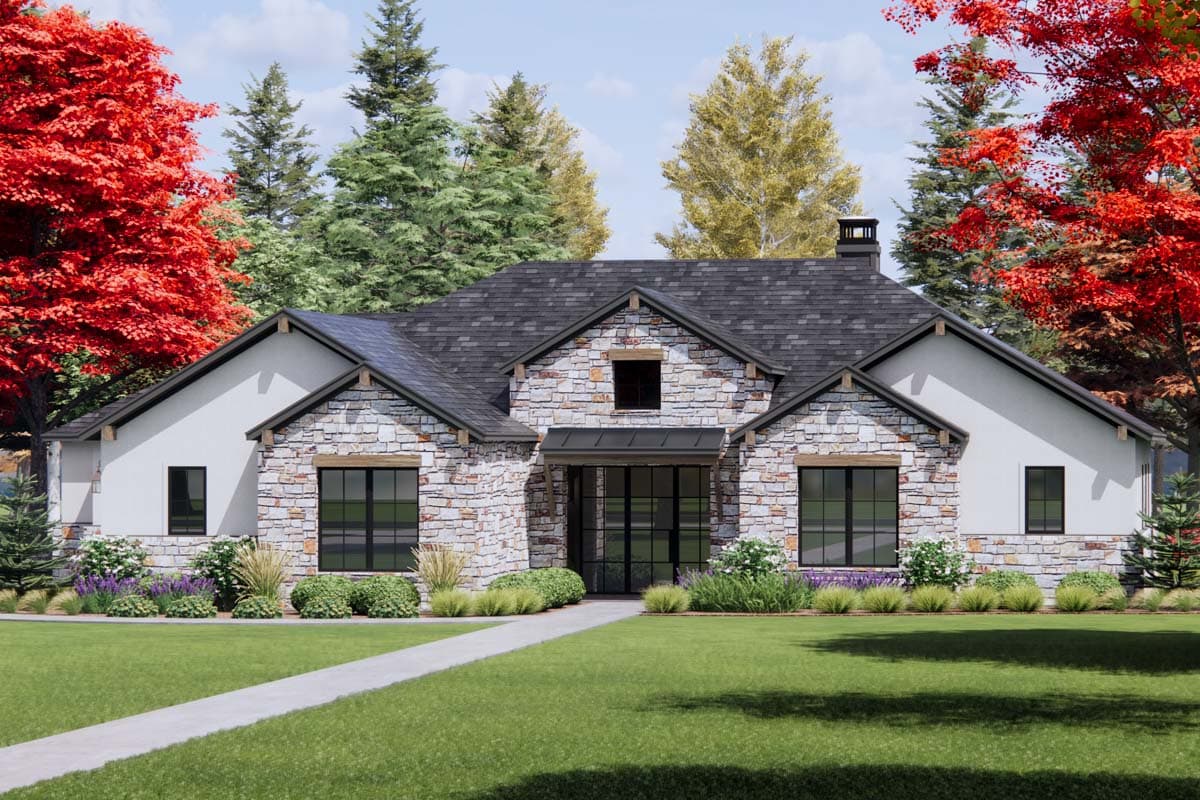 House plan exterior of a single-story home with stone and stucco facade, prominent gables, and metal awning over front entrance.