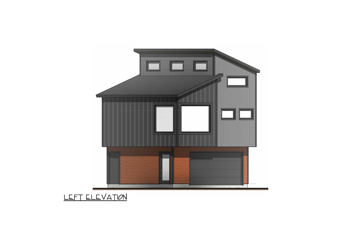 Left elevation drawing of a two-story house with a modern style, brick base, metal siding, and asymmetrical rooflines.
