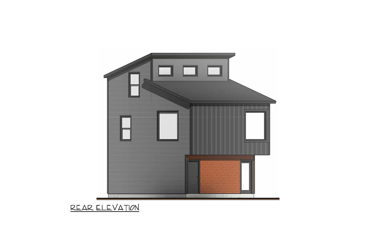Rear elevation drawing of a two-story modern house with hip roof, multiple gables, and varied siding.