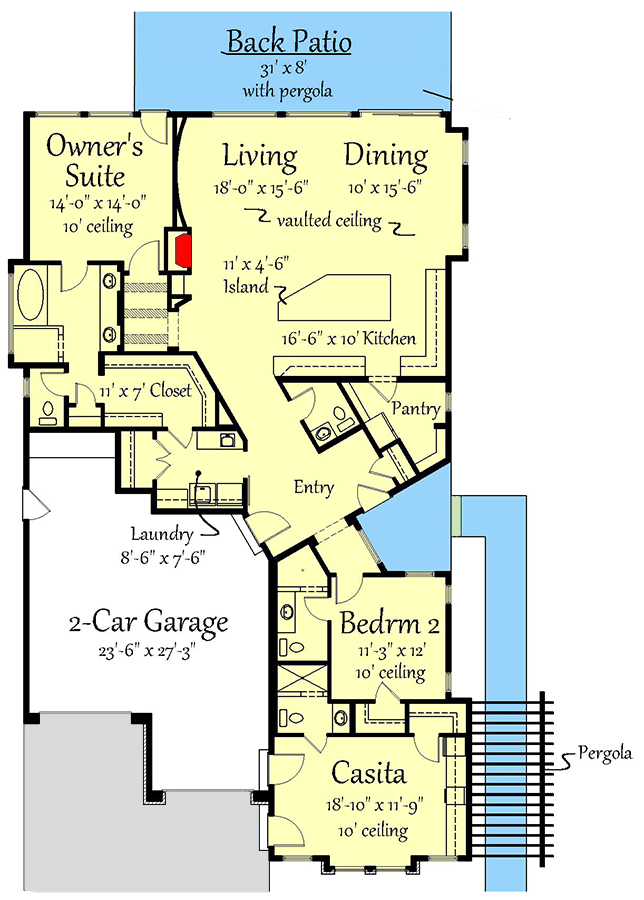 Plan 833012WAT: 3-Bed Contemporary House Plan With Private Casita ADU for Narrow Lot - 2,187 Sq. Ft. - Floor Plan - Main Level - Contemporary, Mountain, Prairie, Ranch, Southwest