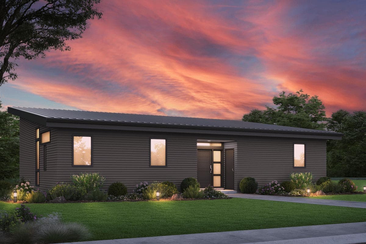 Modern single-story house plan exterior with a low-pitched metal roof, horizontal siding, and large windows.