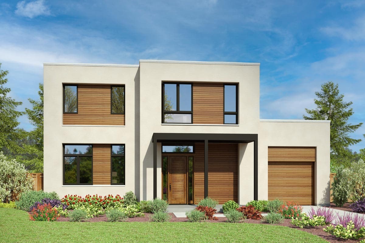House plan exterior. Two-story modern home with wood-clad accents. Features include an entryway portico and attached garage with a wood-tone door.