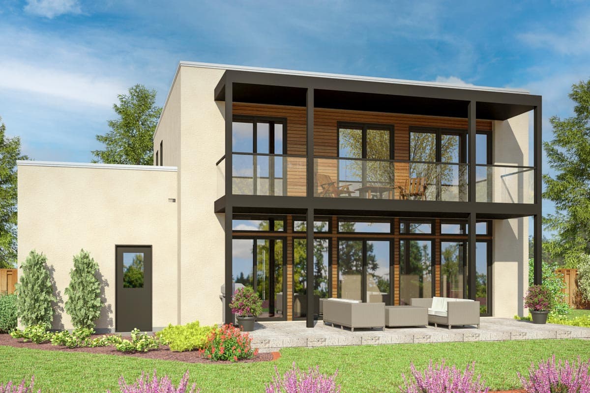 Modern two-story house plan exterior with stucco finish, large windows, and a cantilevered second-floor balcony.