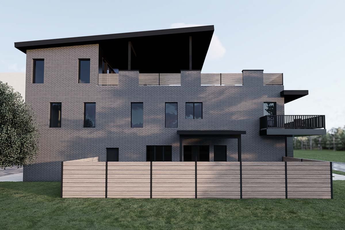 Modern house plan exterior with gray brick, multiple stories, balconies, and a flat, angled roofline.