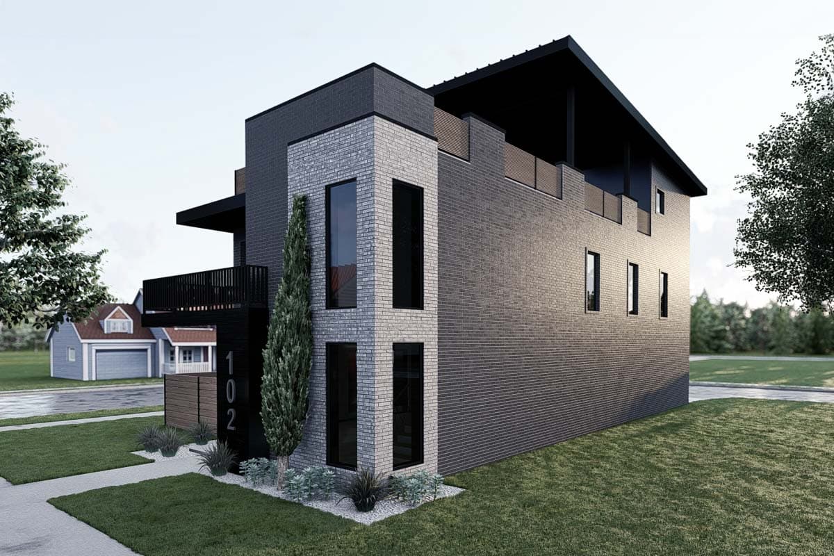 Modern house plan exterior with dark brick facade, light brick accents, multiple balconies, and a sloped roof.