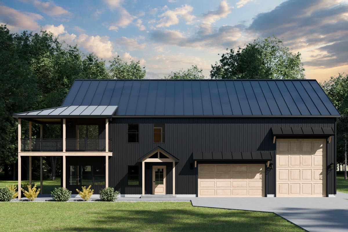 House plan exterior. Modern Farmhouse style with two stories, a covered porch, a standing seam metal roof, and attached garage.