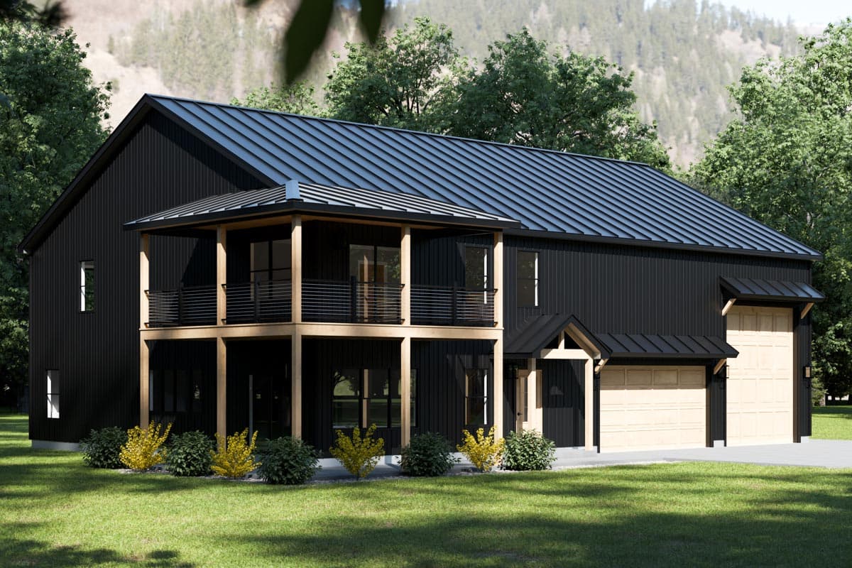 Modern house plan exterior with black metal siding, two-story covered balcony, and a three-car garage.