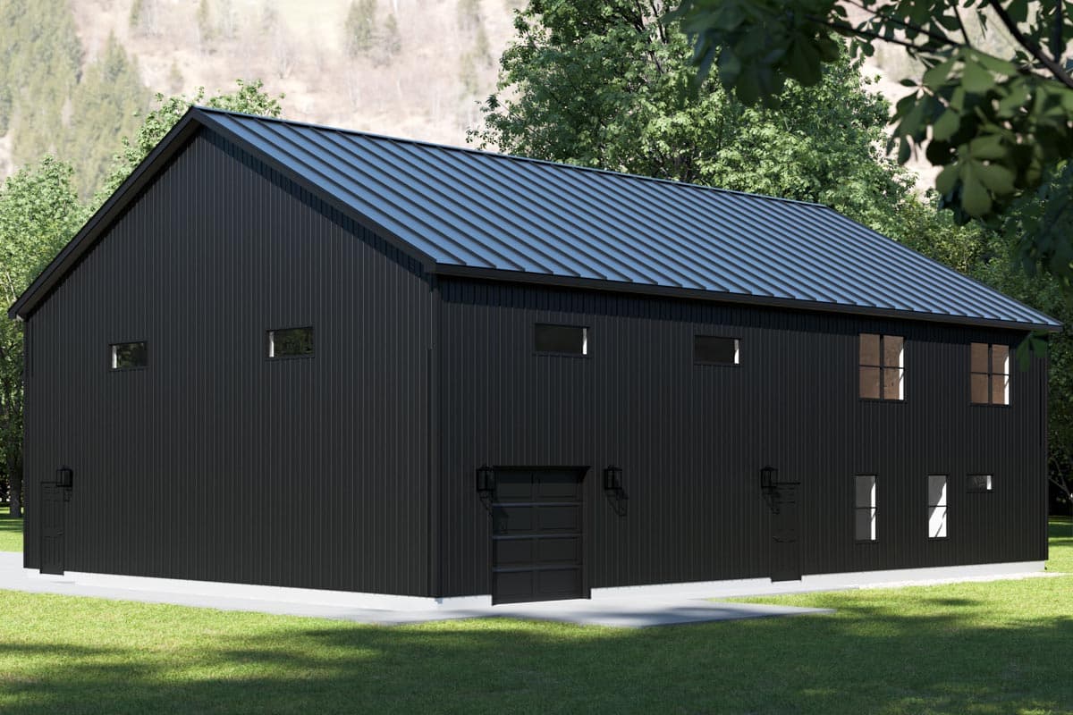 Modern house plan exterior with vertical black siding, metal roof, garage door, and multiple windows.
