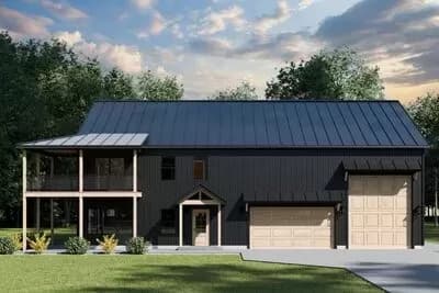 Barndominium-Style House Plan with RV Bay and Stacked Porches - 2639 Sq Ft