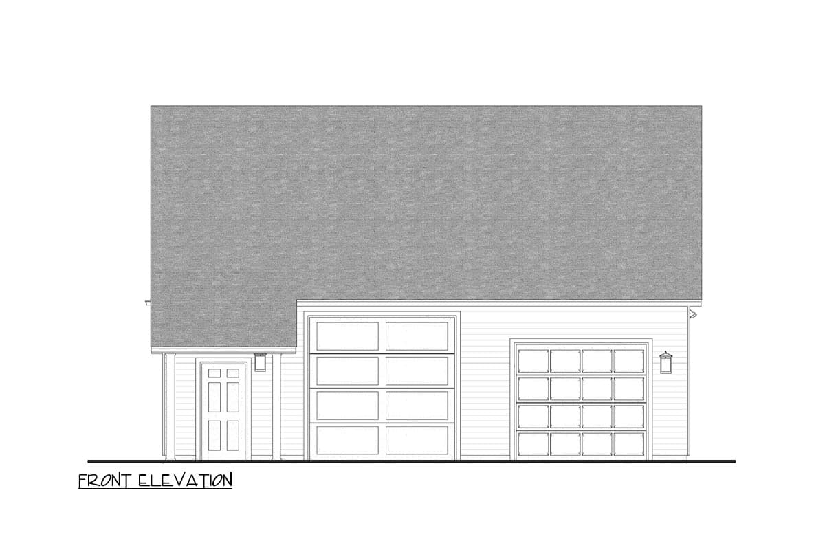 Front elevation drawing showing a house with a two-car garage and a single-car garage, plus a front entry door.