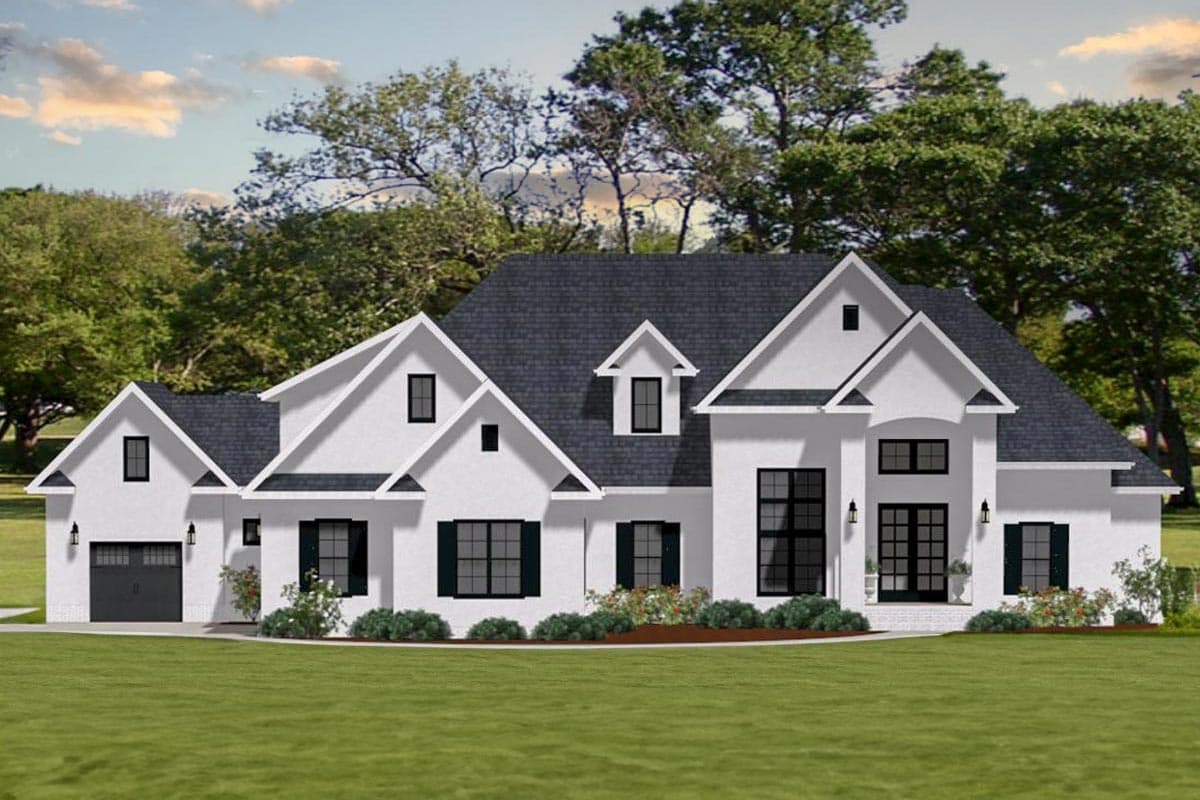 House plan exterior. Two-story Modern Farmhouse with gables, dormers, and a prominent front entry with double doors. Includes a garage.