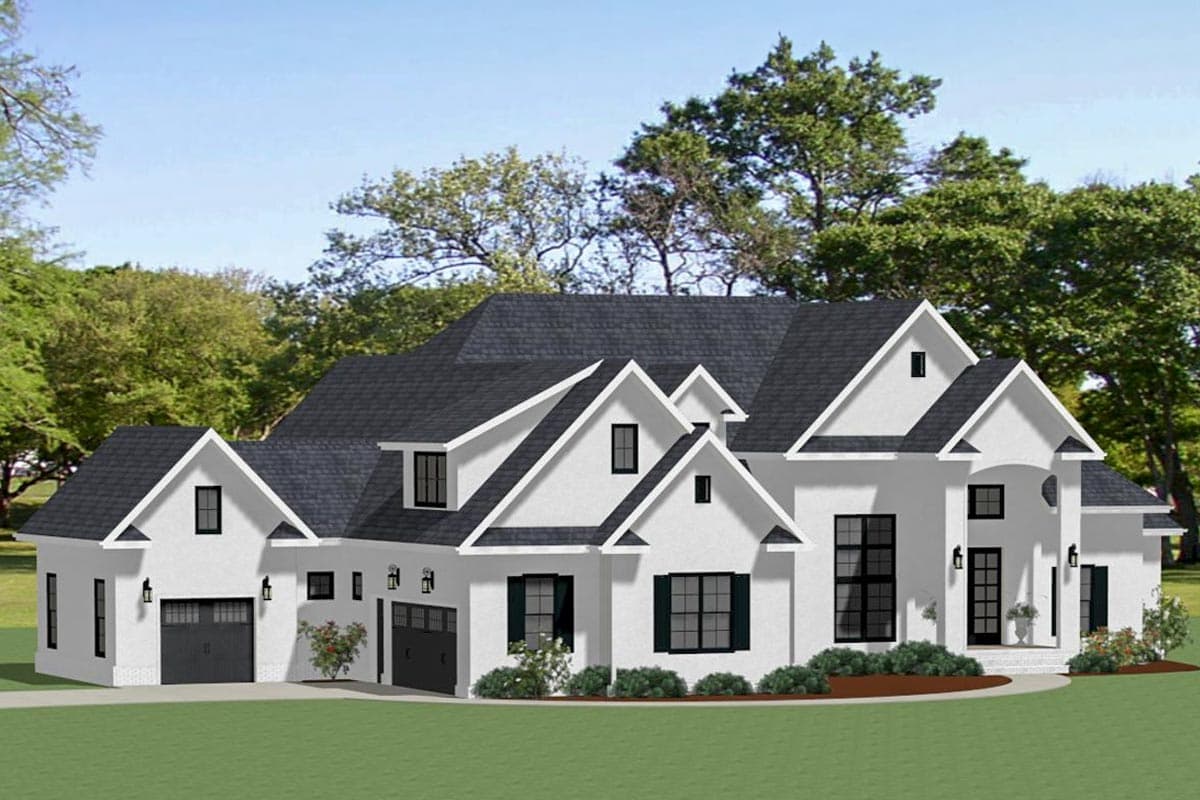 Modern Farmhouse house plan exterior with multiple gables, a covered entryway, and a side-facing two-car garage.
