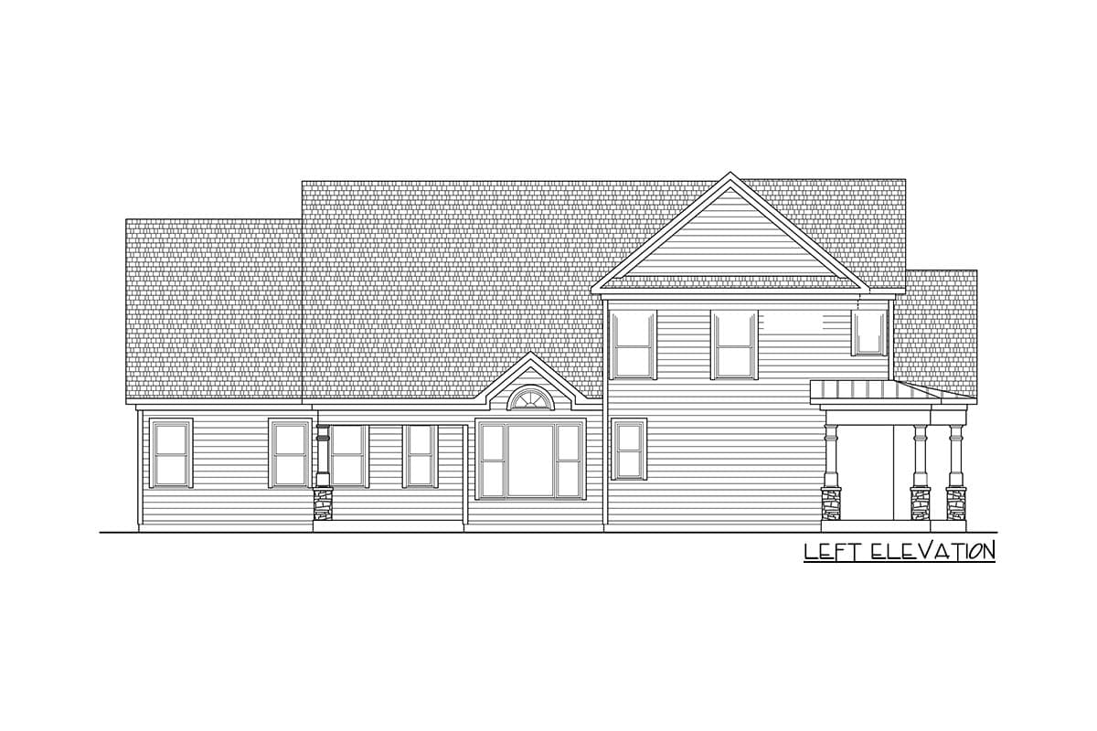 Left elevation house plan drawing with a covered porch supported by stone-clad columns and a gabled dormer.