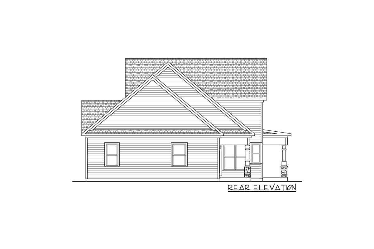 Rear elevation house plan drawing with pitched rooflines, horizontal siding, and a covered porch with stone accents.