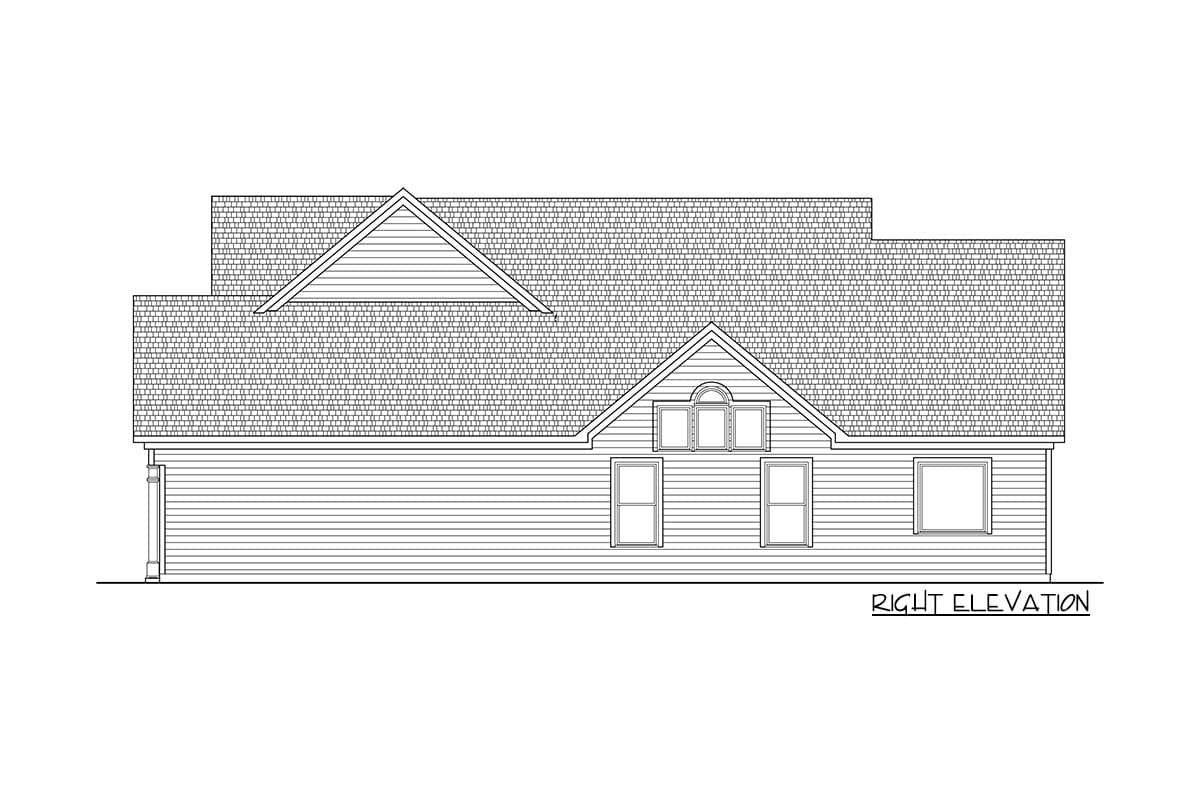Right elevation drawing of a house plan featuring gables, varied rooflines, and multiple windows.